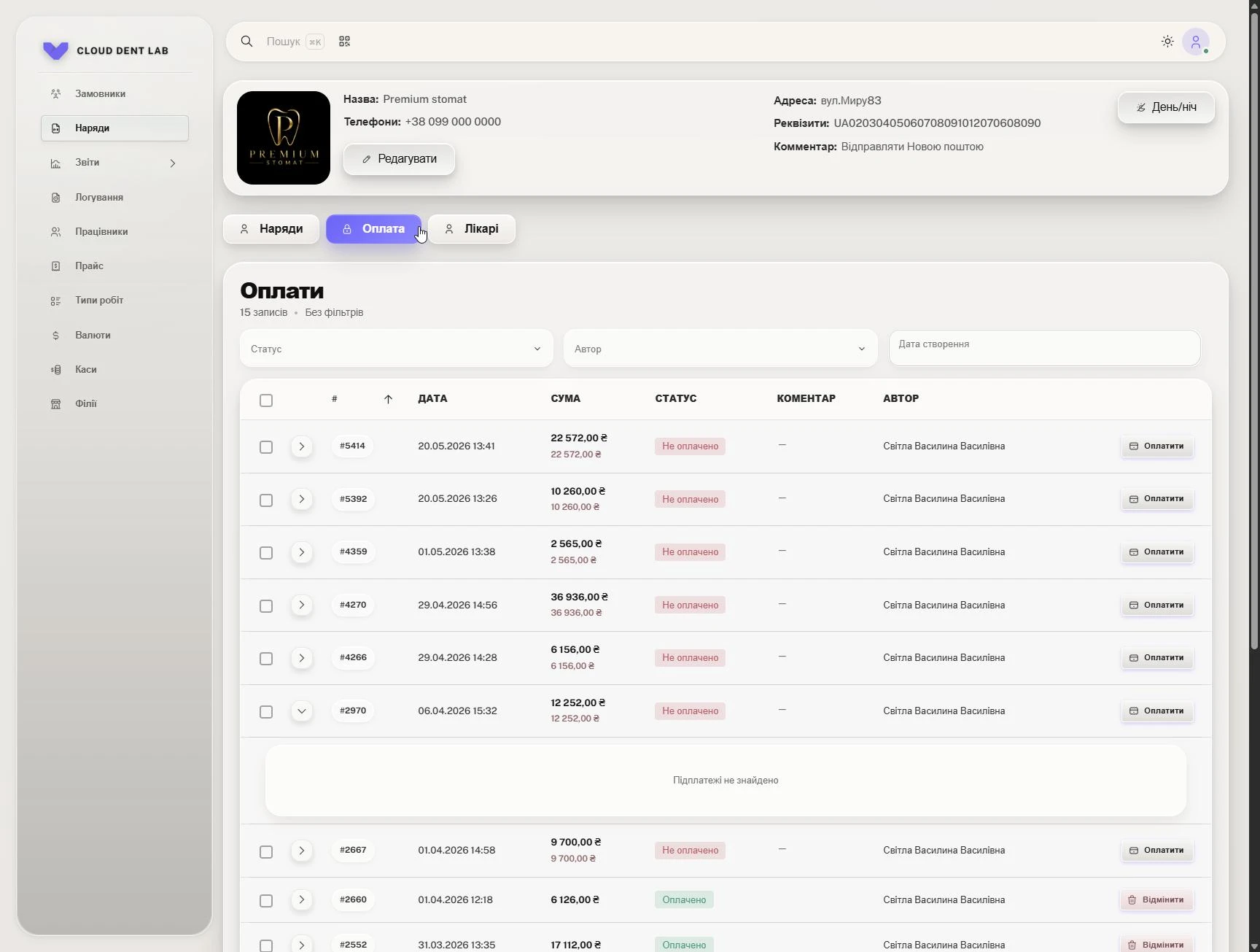 Дашборд Cloud Dent Lab